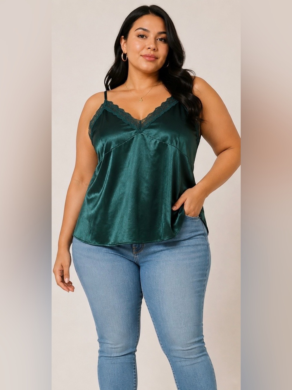 In Bloom by Jonquil Emerald Satin Lace Trim Camisole XL NWT